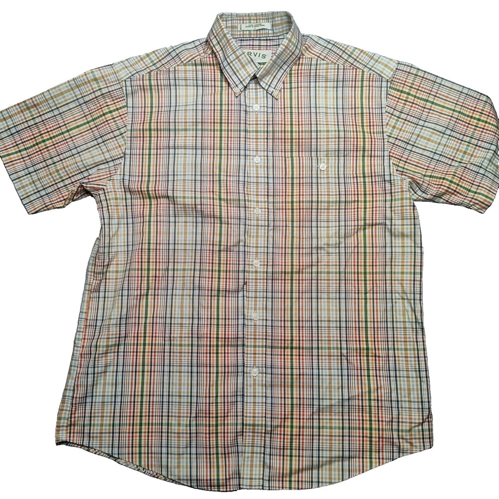 VTG ORVIS Men‎ Large Blue Red Green Orange Plaid 100% Cotton Short Sleeve Shirt